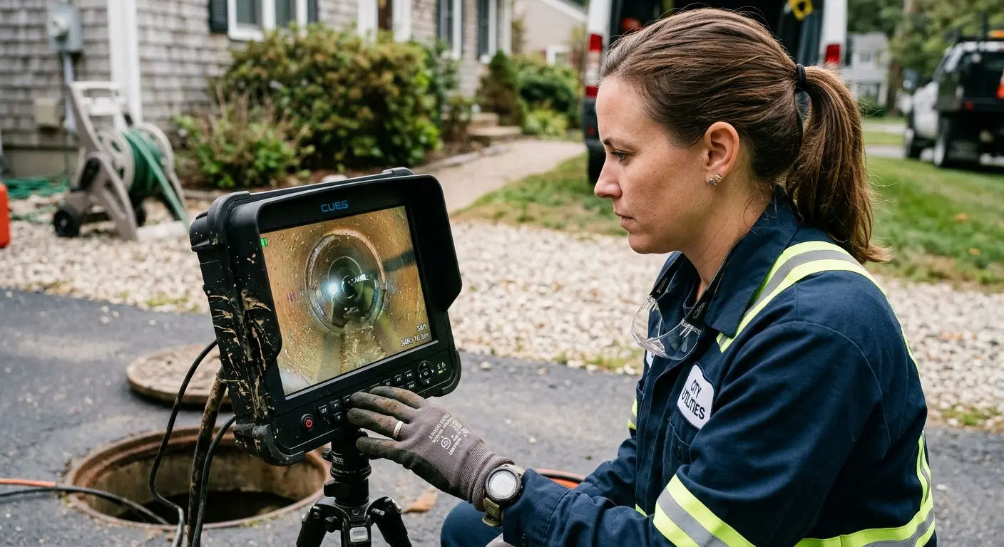 Technician reviewing sewer camera inspection footage in Lakewood Park