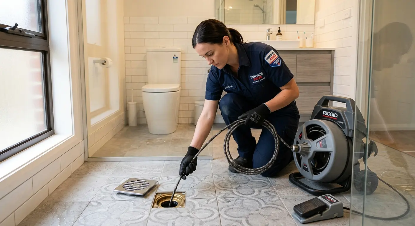 Technician clearing a bathroom floor drain for Hydro Jetting in Lakewood Park